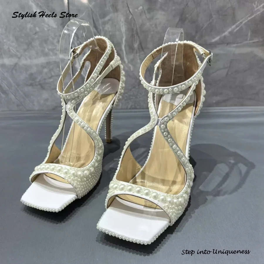 Stylish White Satin Sandals with All-Over Pearls Elegant Square Toe Thin Heels Stilettos Streewear Runway Party Wedding Shoes
Stylish White Satin Sandals with All-Over Pearls Elegant Square Toe Thin Heels Stilettos Streewear Runway Party Wedding Shoes