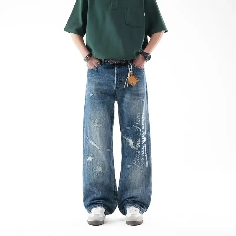 Men's Retro Printed Loose Denim Jeans with Holes, Vintage Washed and Worn Wide-Leg Streetwear Pants, Casual Cotton Jeans for Dai
Men's Retro Printed Loose Denim Jeans with Holes, Vintage Washed and Worn Wide-Leg Streetwear Pants, Casual Cotton Jeans for Dai