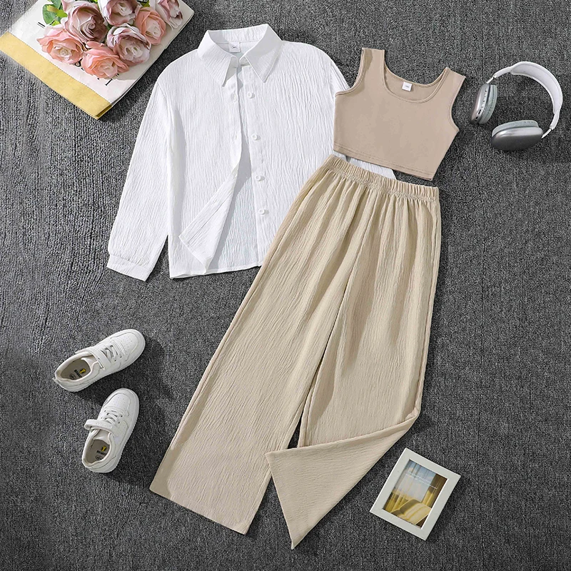 3pcs Casual Set for Girls 8-12, Spring Autumn Shirt, Tank Top & Wide Leg Pants, Comfortable Daily Outfit
3pcs Casual Set for Girls 8-12, Spring Autumn Shirt, Tank Top & Wide Leg Pants, Comfortable Daily Outfit