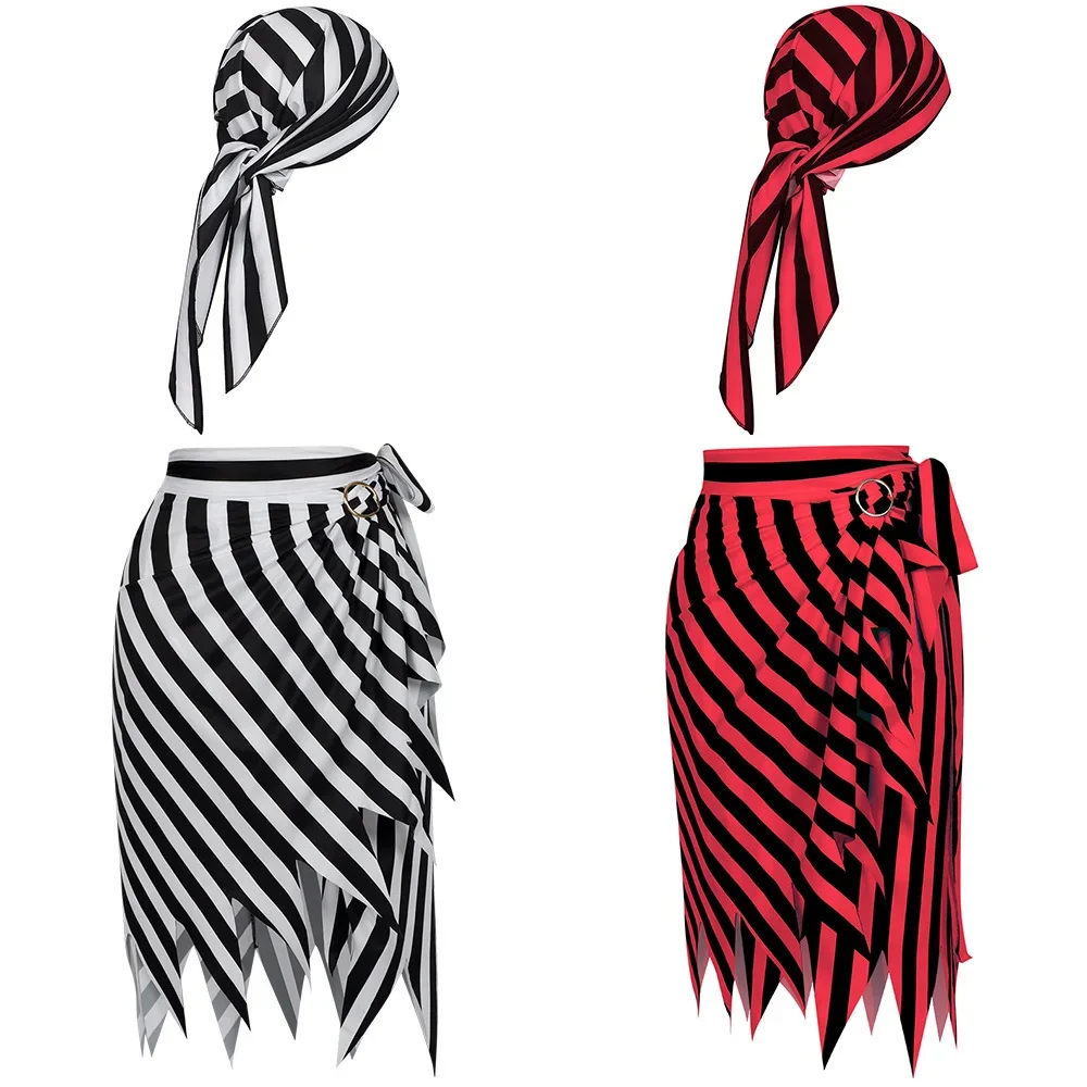 Sexy Women Halloween Pirate Cosplay Costume Black Red Stripe Irregular Lace-Up Skirt With Scarf Medieval Vintage Theme Outfits
Sexy Women Halloween Pirate Cosplay Costume Black Red Stripe Irregular Lace-Up Skirt With Scarf Medieval Vintage Theme Outfits