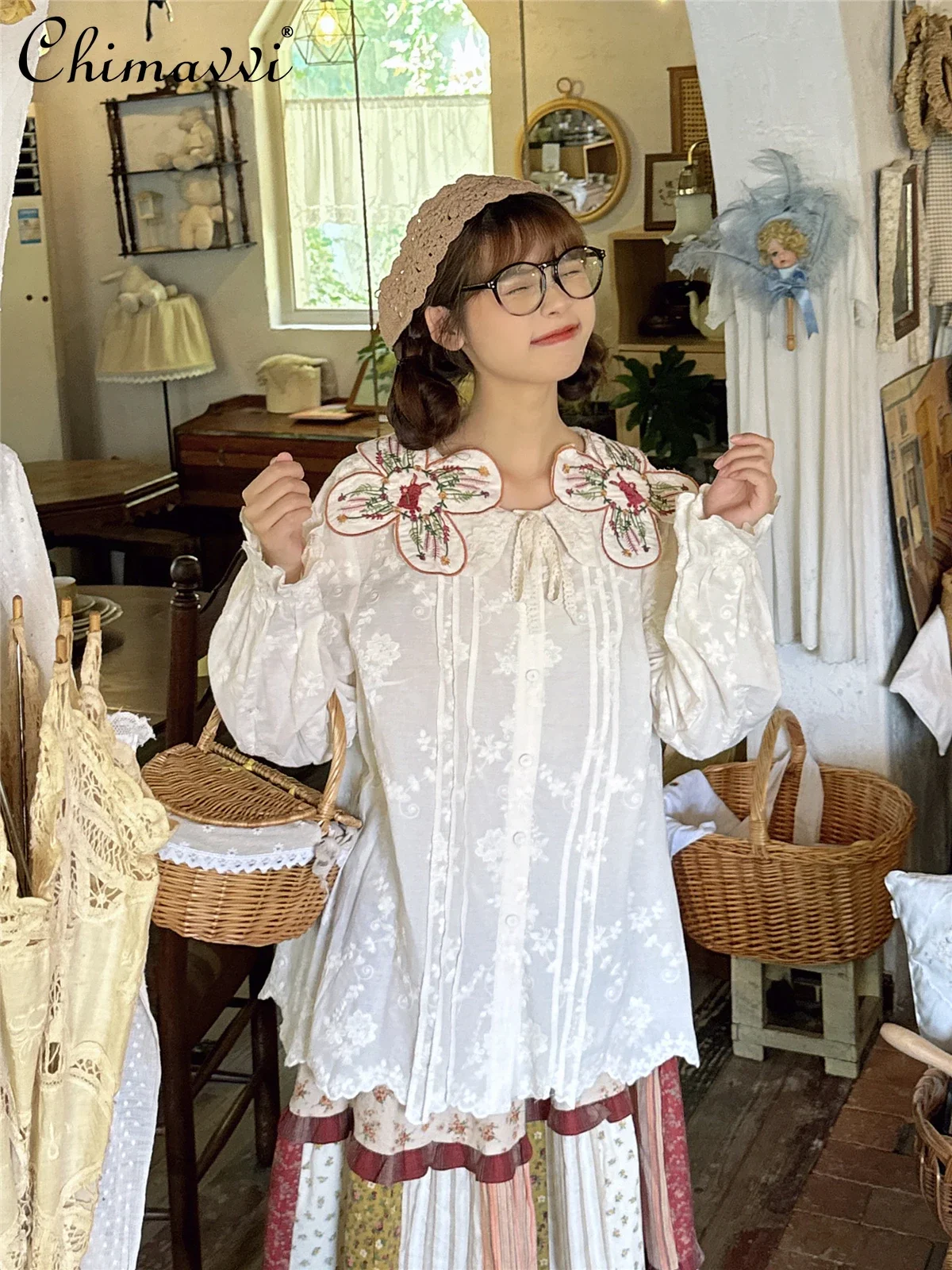 Sweet Girl Flower Embroidered Doll Collar Lace Shirt Spring and Autumn New Fashion Long Sleeve Loose Bottom Shirt Blouse Tops
Sweet Girl Flower Embroidered Doll Collar Lace Shirt Spring and Autumn New Fashion Long Sleeve Loose Bottom Shirt Blouse Tops
