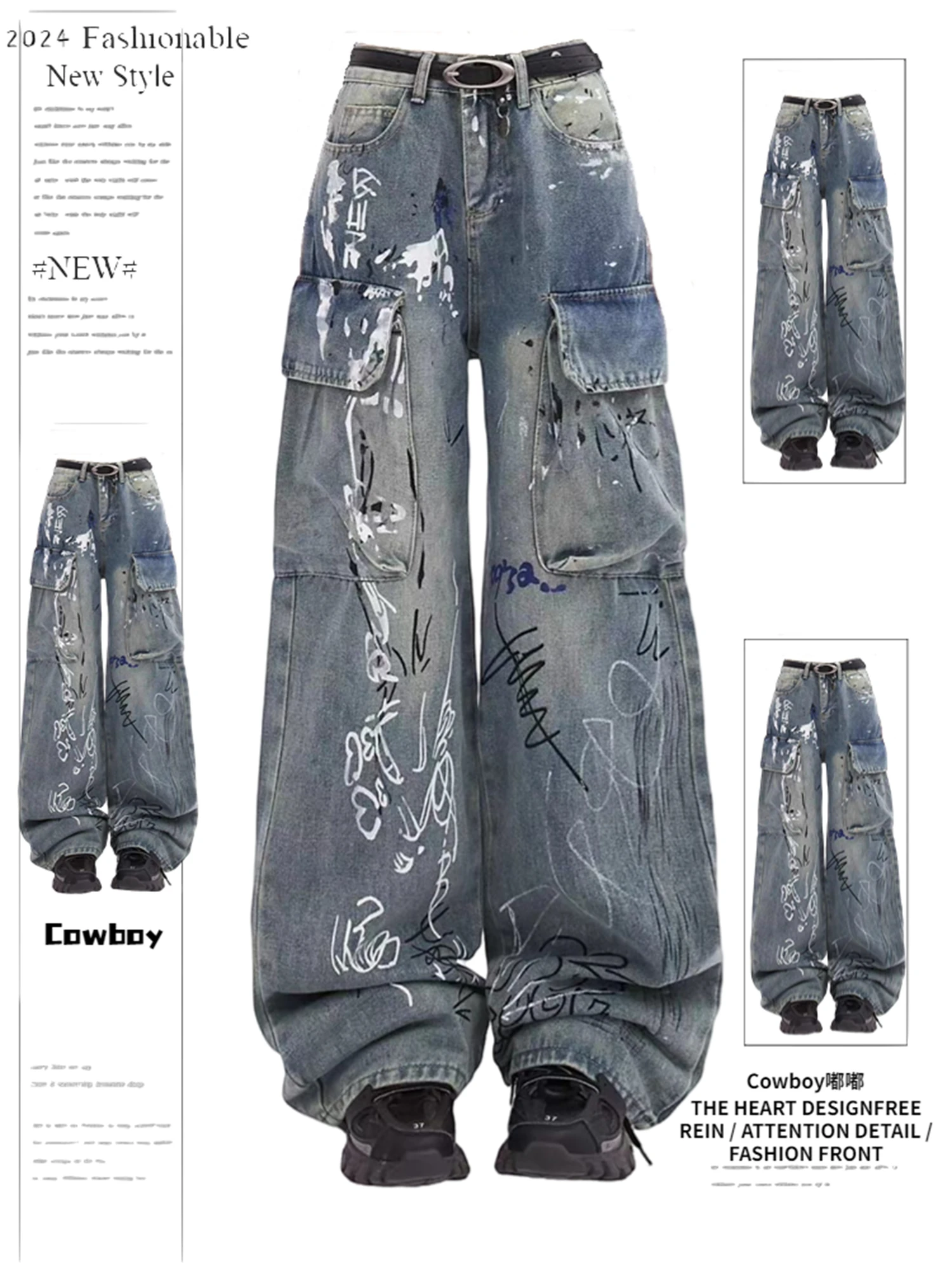 Y2K Women's High Waist Wide Leg Cargo Jeans Vintage Washed Graffiti Print Multi - Pocket Loose Fit Streetwear Denim Trousers
Y2K Women's High Waist Wide Leg Cargo Jeans Vintage Washed Graffiti Print Multi - Pocket Loose Fit Streetwear Denim Trousers