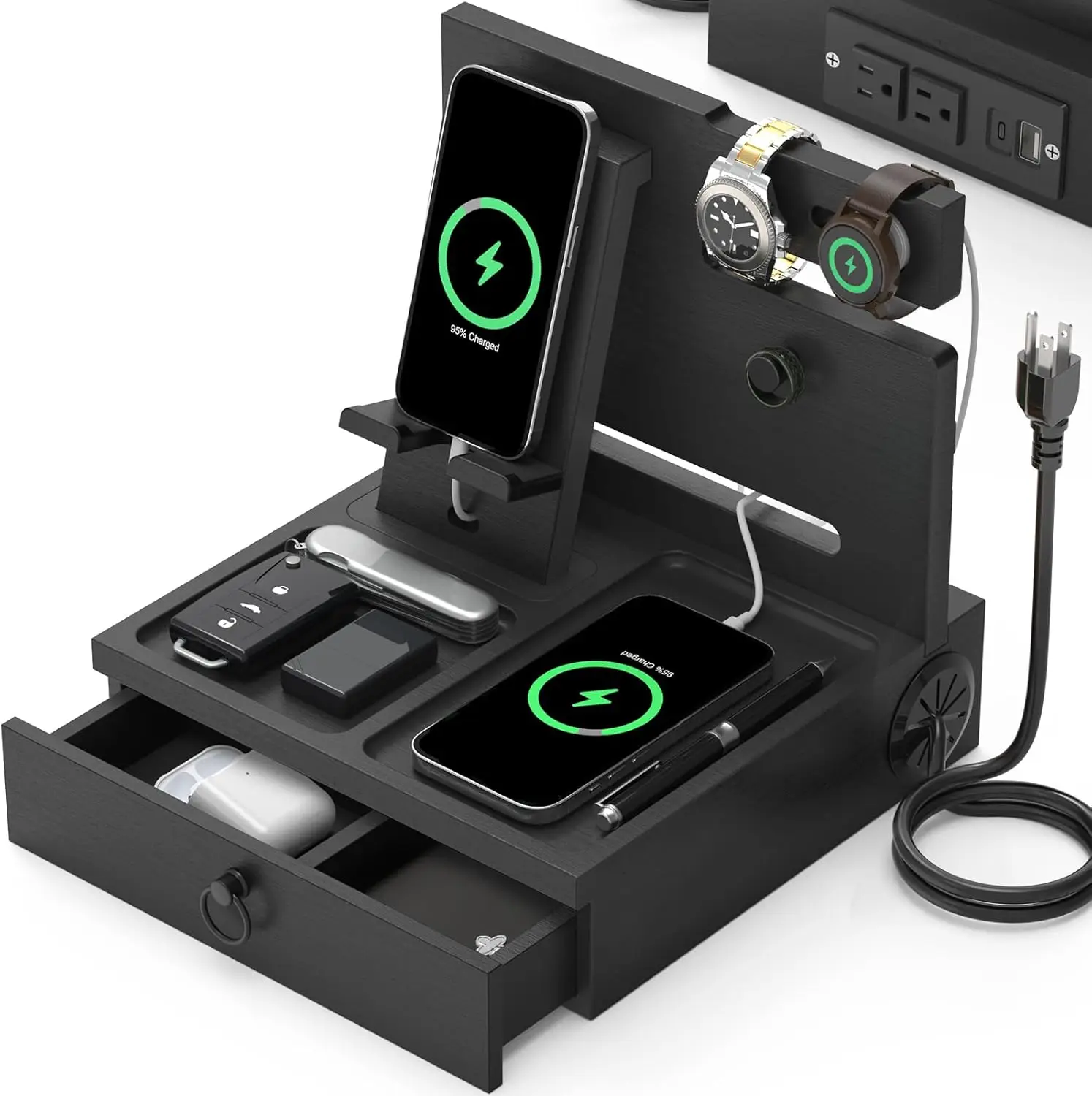 Wooden Charging Station with USB-C and Outlets, Nightstand Organizer with Drawer, Gift for Men
Wooden Charging Station with USB-C and Outlets, Nightstand Organizer with Drawer, Gift for Men