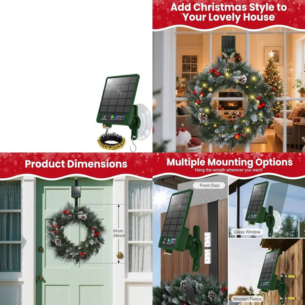 60-LED 24 Outdoor Christmas Wreath, 8 Lighting Modes, Suction Cup or Wreath Hanger Compatible
60-LED 24 Outdoor Christmas Wreath, 8 Lighting Modes, Suction Cup or Wreath Hanger Compatible