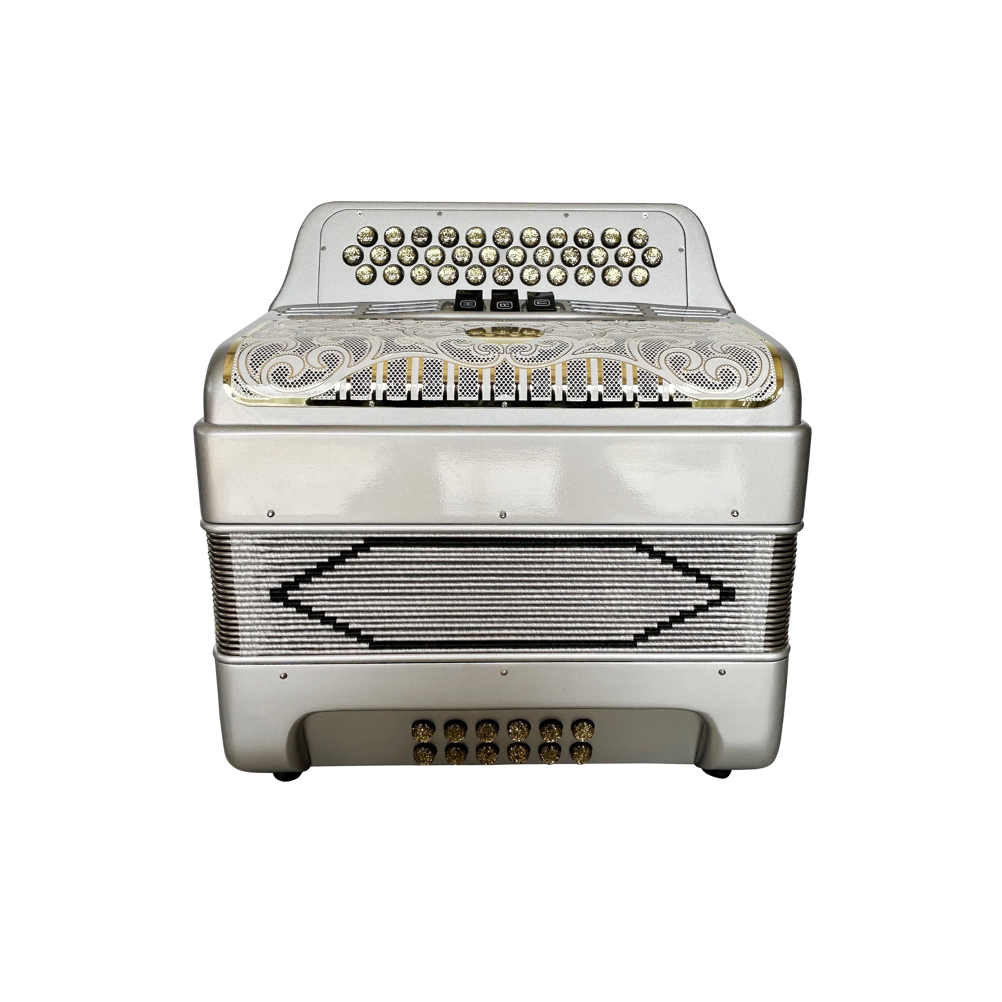 Diatonic Accordion 34-Button 12-Bass 3-Register Silver Body White Gold Grill Gold Buttons Acordeon Musical JB3412C
Diatonic Accordion 34-Button 12-Bass 3-Register Silver Body White Gold Grill Gold Buttons Acordeon Musical JB3412C