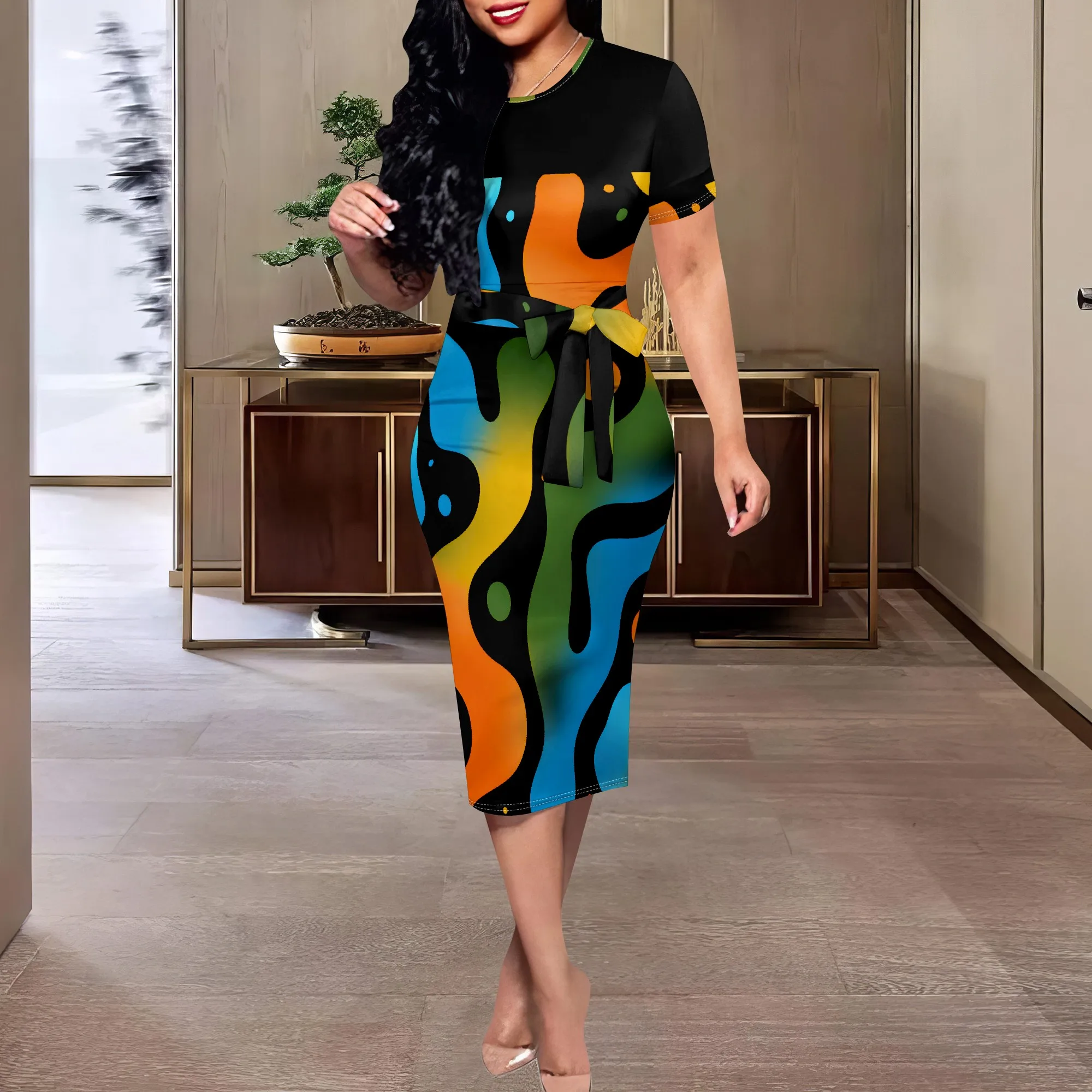 Colorful Abstract Print Bodycon Dress XS-3XL Short Sleeve Belted Midi Style for Art Festival, Afro Streetwear or Summer Party
Colorful Abstract Print Bodycon Dress XS-3XL Short Sleeve Belted Midi Style for Art Festival, Afro Streetwear or Summer Party