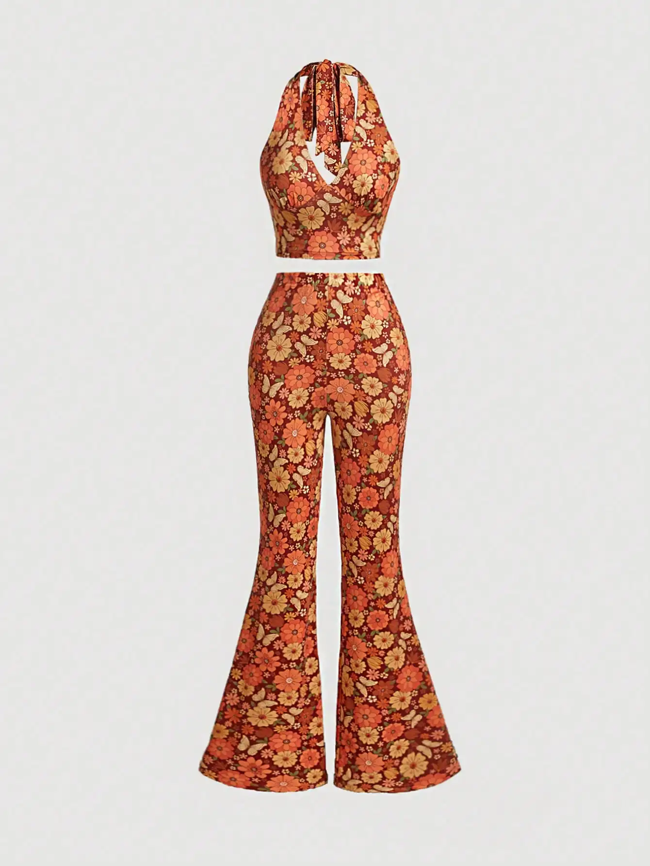 Floral Print Halter Crop Top & Flare Leg Pants Set - Orange Yellow Retro Boho Two Piece
Floral Print Halter Crop Top & Flare Leg Pants Set - Orange Yellow Retro Boho Two Piece