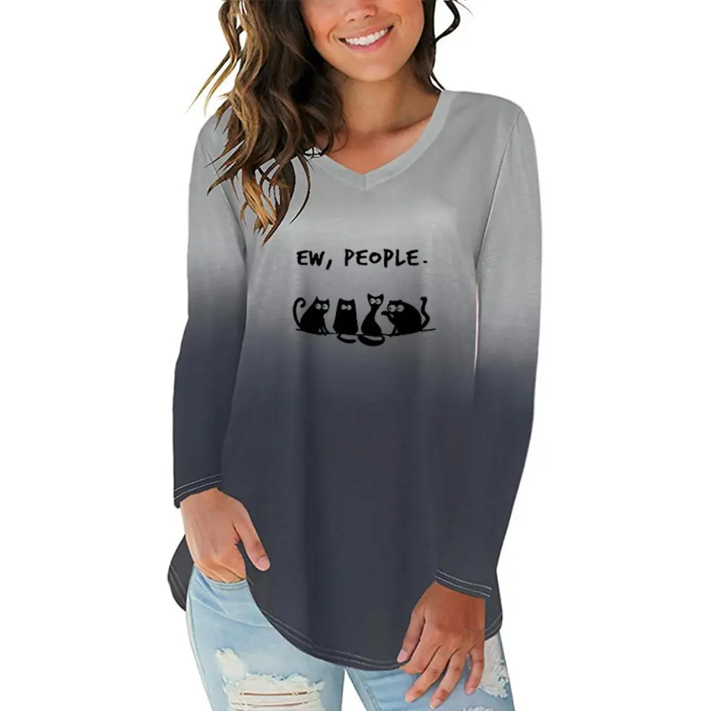 Women's Gradient Printed Cat Letter T-Shirt V-Neck Long Sleeve Irregular Hem European American Style New by
Women's Gradient Printed Cat Letter T-Shirt V-Neck Long Sleeve Irregular Hem European American Style New by