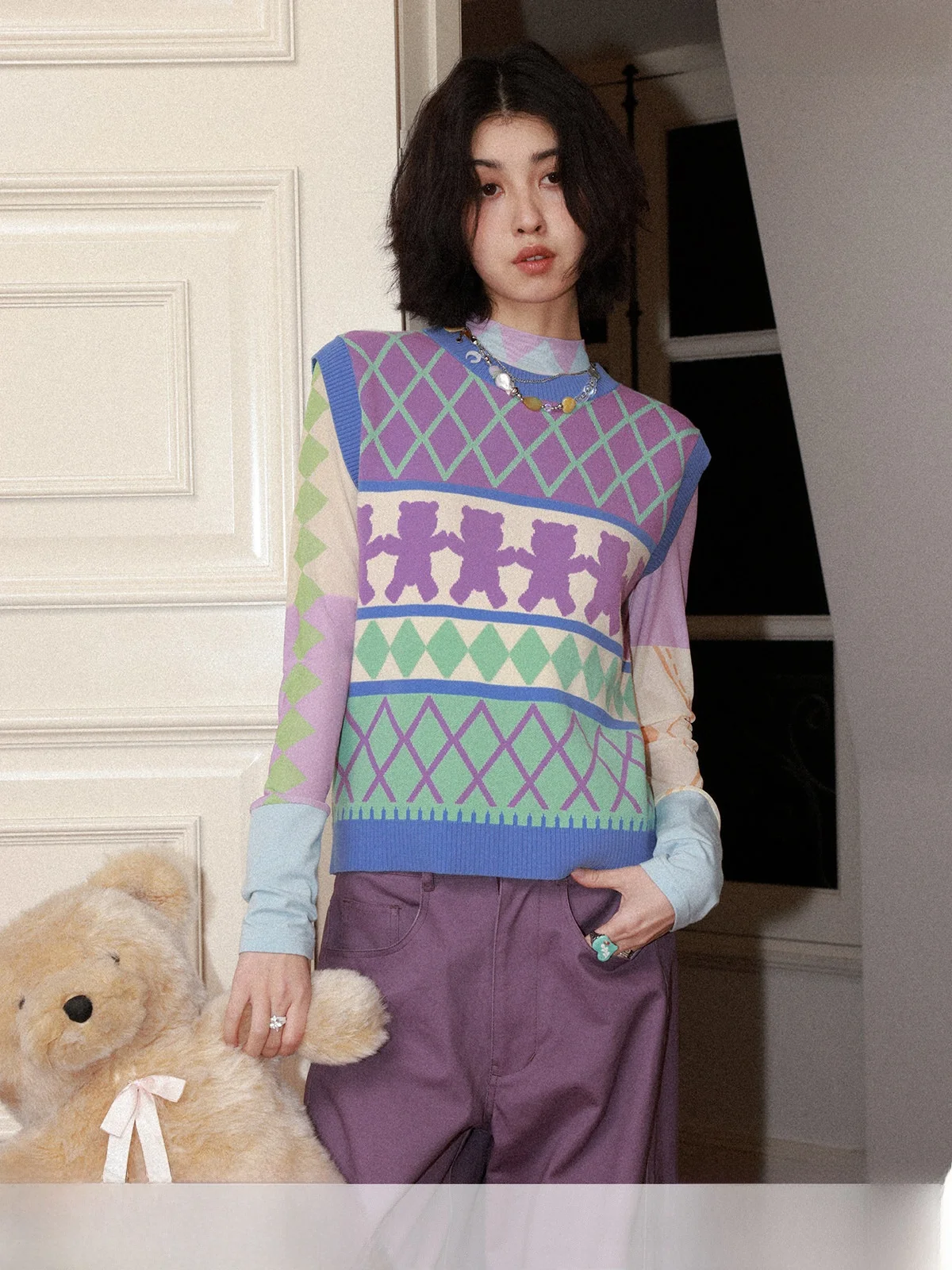 Retro Chemical Girl Bear Waffle Knitted Vest Top for Girls Fun Cute Inner Wear Mix Fiber round Neck Regular Length Spring
Retro Chemical Girl Bear Waffle Knitted Vest Top for Girls Fun Cute Inner Wear Mix Fiber round Neck Regular Length Spring