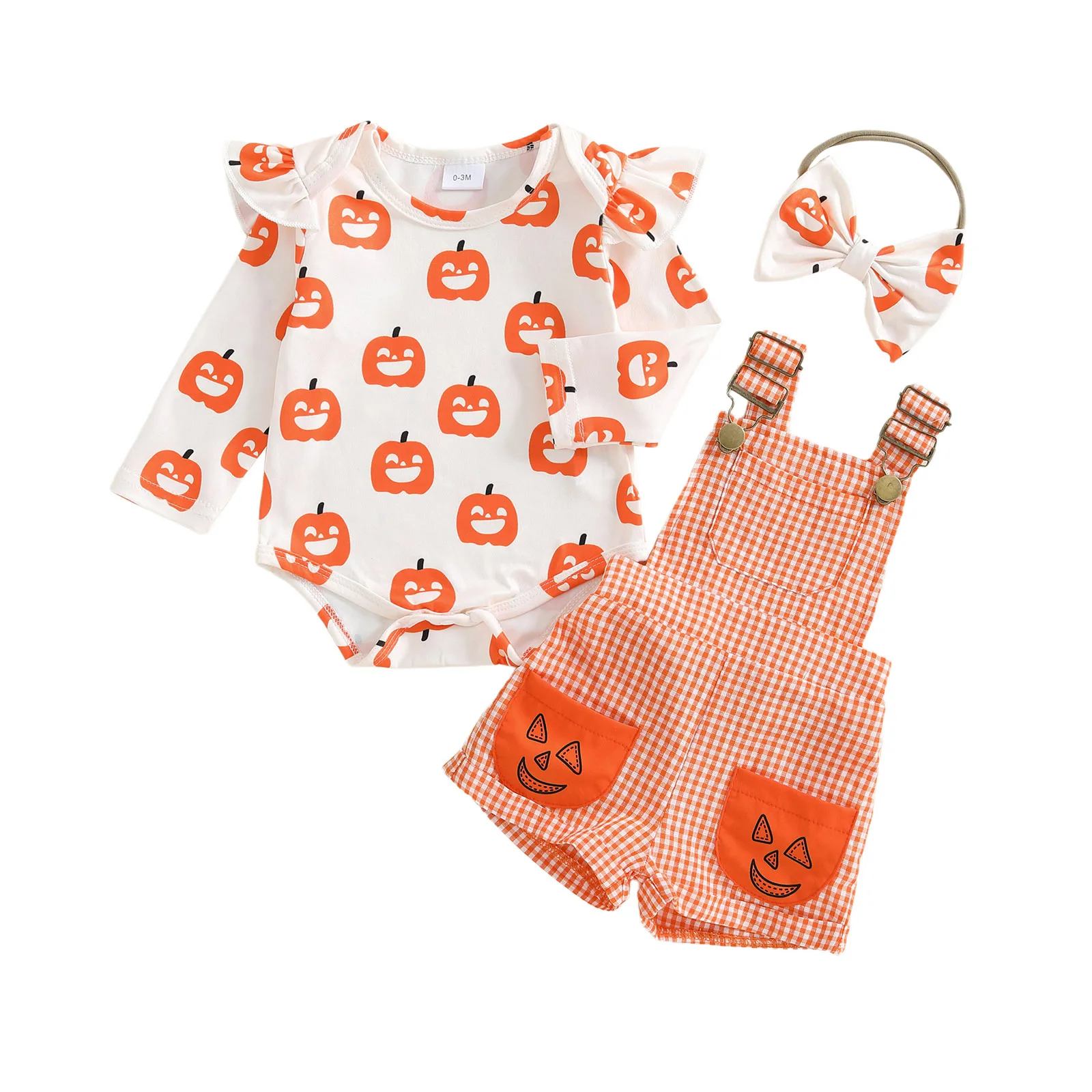 Adorable Infant Halloween Costume with Pumpkin Print Long Sleeve Bodysuit Plaid Overall Shorts and Matching Bow Headband - 3 
Adorable Infant Halloween Costume with Pumpkin Print Long Sleeve Bodysuit Plaid Overall Shorts and Matching Bow Headband - 3
