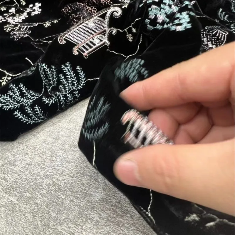 Black base heavy-duty silk velvet embroidered fabric haute couture top and garment
Black base heavy-duty silk velvet embroidered fabric haute couture top and garment