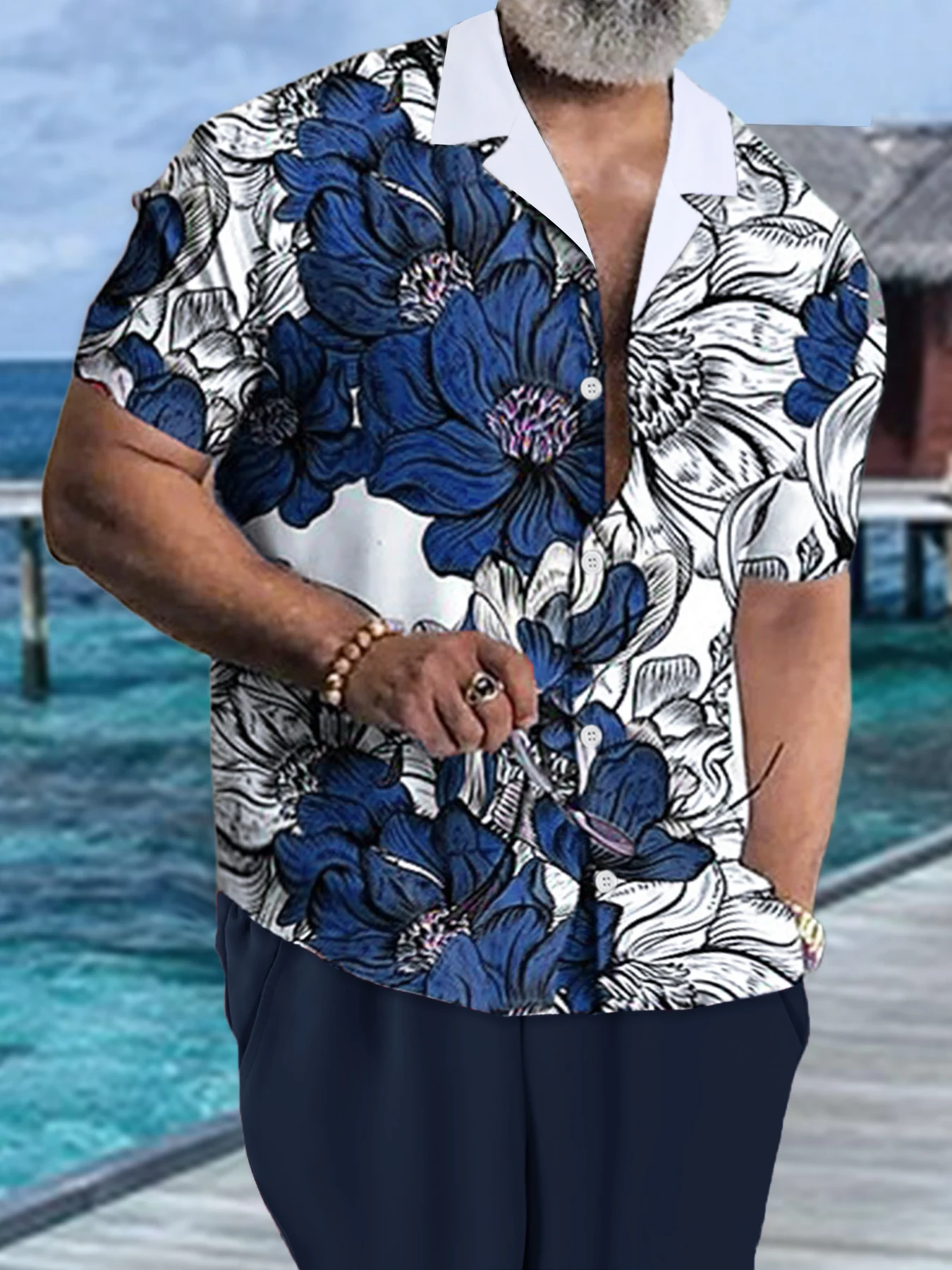 Men's Blue White Floral Print Short Sleeve Shirt + Navy Drawstring Shorts Set Summer Hawaiian Style Casual 2 Piece Outfit
Men's Blue White Floral Print Short Sleeve Shirt + Navy Drawstring Shorts Set Summer Hawaiian Style Casual 2 Piece Outfit
