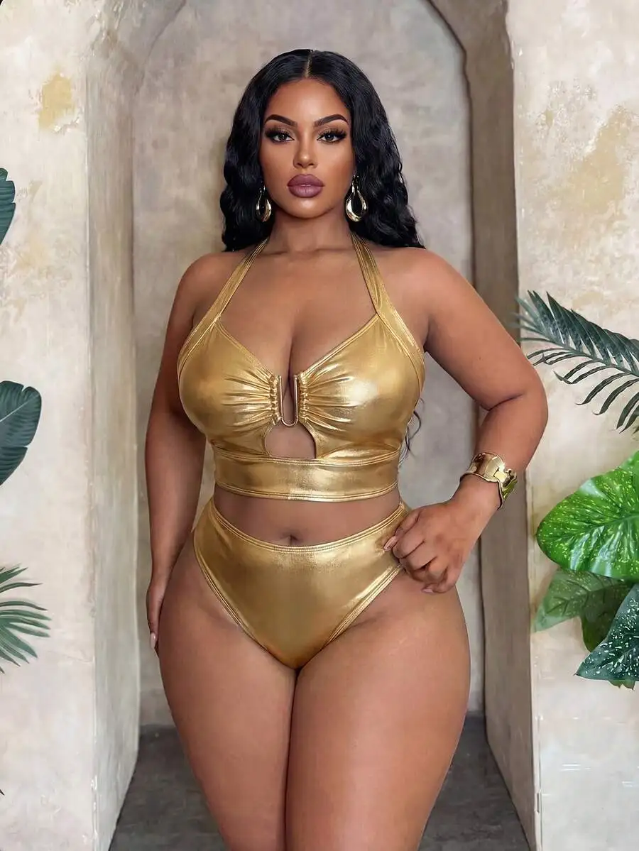 Plus Size Metallic Foil Two Piece Women Swimwear Set Halter Top High Waist Bottom
Plus Size Metallic Foil Two Piece Women Swimwear Set Halter Top High Waist Bottom