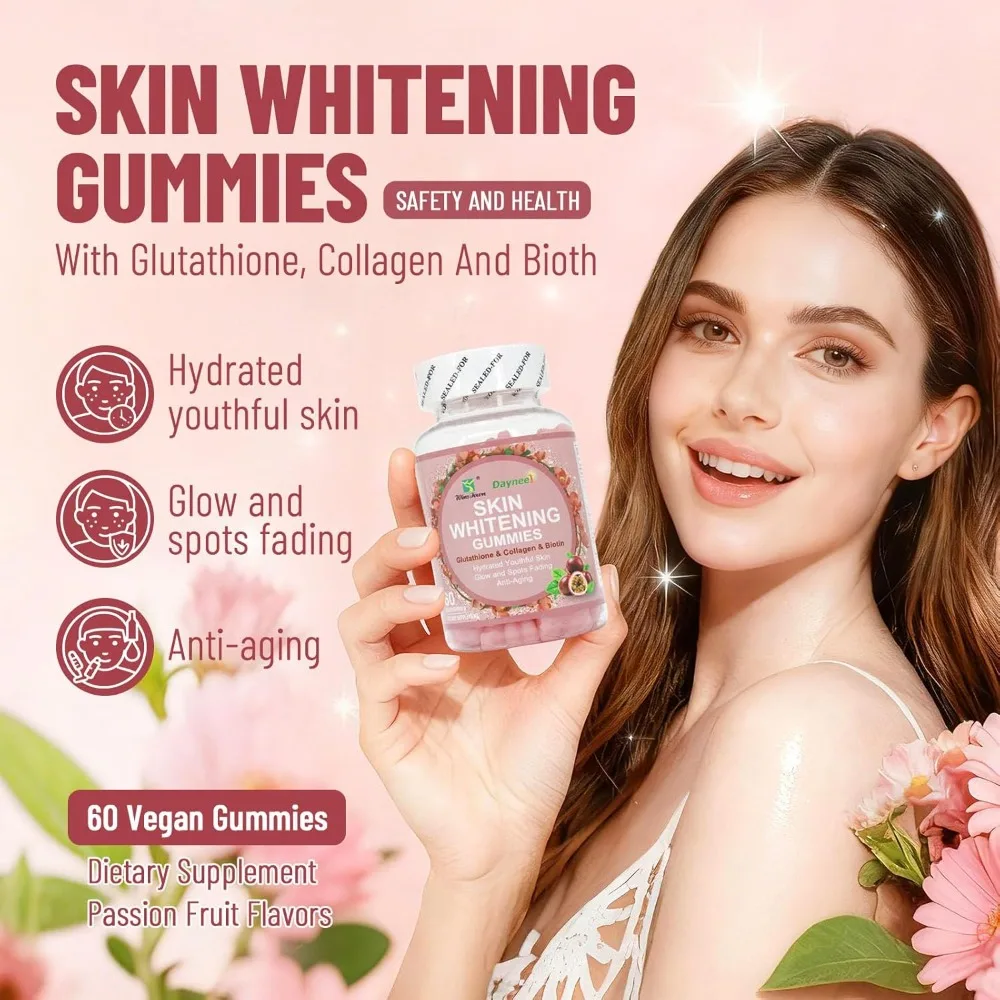 Skin Whitening Gummies, with Glutathione, Collagen and Bioth, Hydrated Youthful Skin, Glow and Spots Fading Anti-Aging, 60 Count
Skin Whitening Gummies, with Glutathione, Collagen and Bioth, Hydrated Youthful Skin, Glow and Spots Fading Anti-Aging, 60 Count
