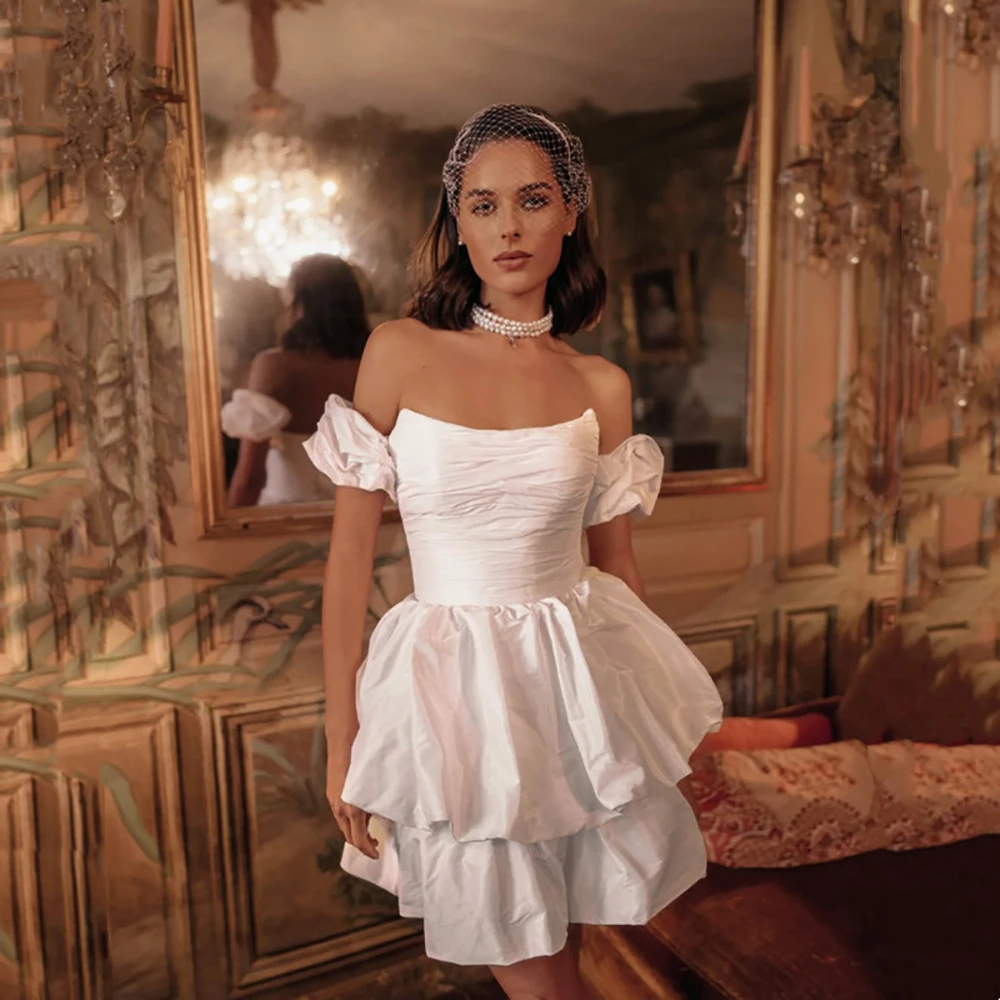Women Satin Off Shoulder Puff Sleeve Mini Dress Lace Up Back Tiered Ruffled Hem Elegant Short Bridal Wedding Cocktail Party Gown
Women Satin Off Shoulder Puff Sleeve Mini Dress Lace Up Back Tiered Ruffled Hem Elegant Short Bridal Wedding Cocktail Party Gown