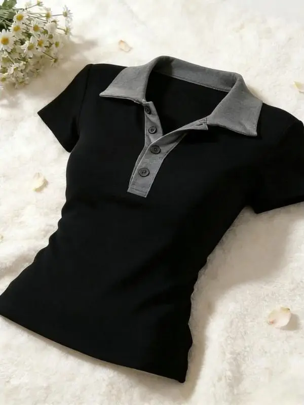Retro American Color Block Short Sleeve T-Shirt Women's Slimming Waist Short Style Spicy Girl Top Casual Cotton Blend Shirt
Retro American Color Block Short Sleeve T-Shirt Women's Slimming Waist Short Style Spicy Girl Top Casual Cotton Blend Shirt