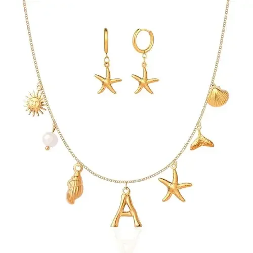 Retro Gold Starfish Earrings Necklace Metal 26 Letters Necklace Sun Conch Pearl Starfish Shell Necklace for Women Jewelry Set
Retro Gold Starfish Earrings Necklace Metal 26 Letters Necklace Sun Conch Pearl Starfish Shell Necklace for Women Jewelry Set