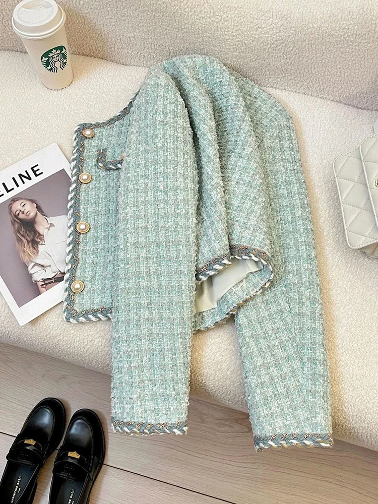 Vintage Tweed Women Jacket Korean Elegant Hepburn Style O Neck Coats Y2K Autumn Office Lady All Match Crop Outwear New
Vintage Tweed Women Jacket Korean Elegant Hepburn Style O Neck Coats Y2K Autumn Office Lady All Match Crop Outwear New