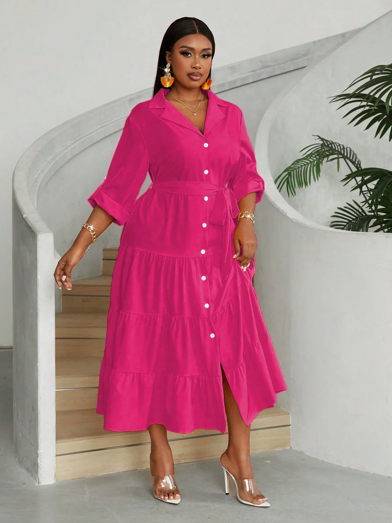 Plus Size Casual Solid Front Button Shirt Dress With Belt Tiered Maxi
Plus Size Casual Solid Front Button Shirt Dress With Belt Tiered Maxi