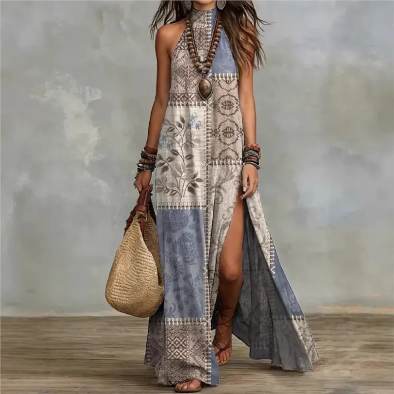 Women's Boho Halter Sleeveless Maxi Dress Spring Vintage Patchwork Print High Split Long Dresses Loose Summer Beach Ethnic Dress
Women's Boho Halter Sleeveless Maxi Dress Spring Vintage Patchwork Print High Split Long Dresses Loose Summer Beach Ethnic Dress