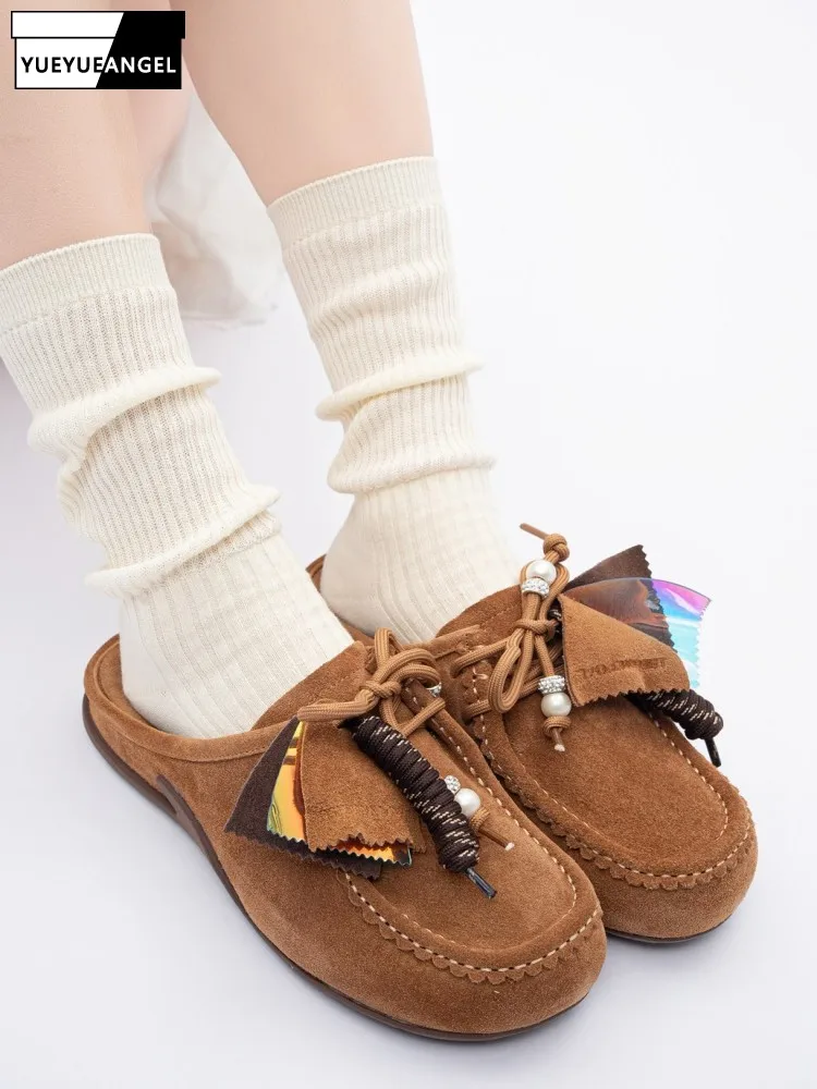 New Womens Cow Suede Close Toe Slippers Lace Up Outdoor Slip-On Footwear Genuine Leather Slides Daily Casual Flat Shoes Female
New Womens Cow Suede Close Toe Slippers Lace Up Outdoor Slip-On Footwear Genuine Leather Slides Daily Casual Flat Shoes Female