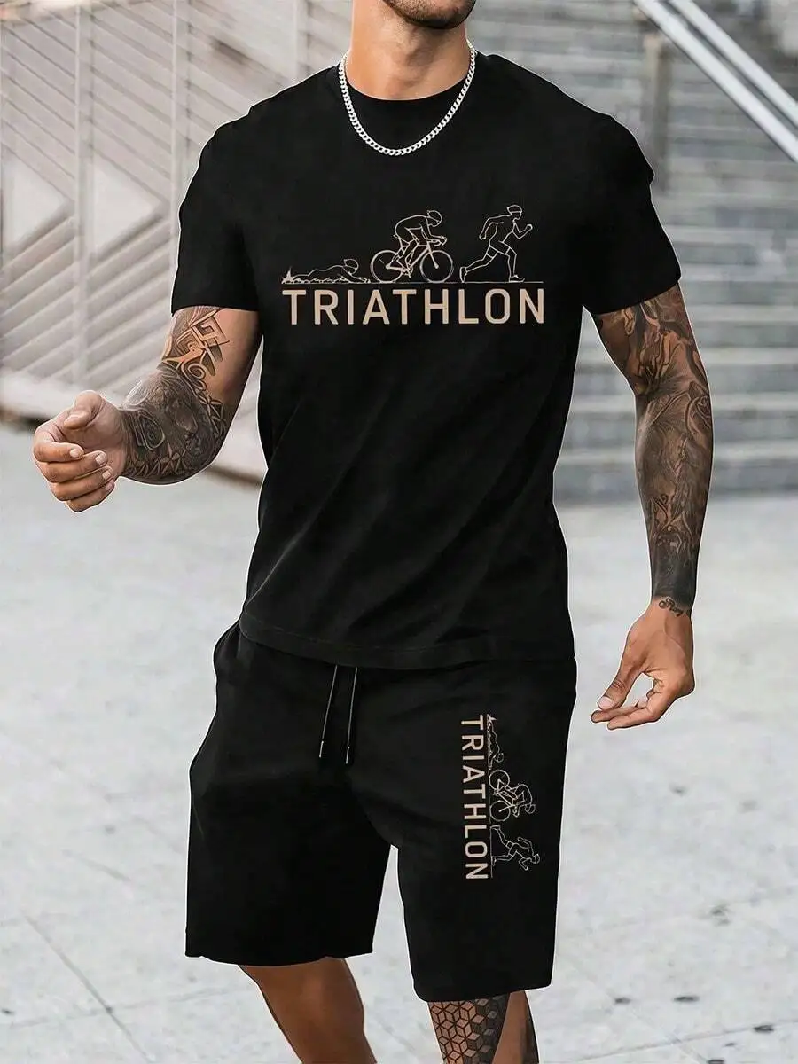 Mens Black Triathlon Graphic Tee And Matching Drawstring Shorts Set Loose Comfortable Summer Two-Piece Outfit
Mens Black Triathlon Graphic Tee And Matching Drawstring Shorts Set Loose Comfortable Summer Two-Piece Outfit