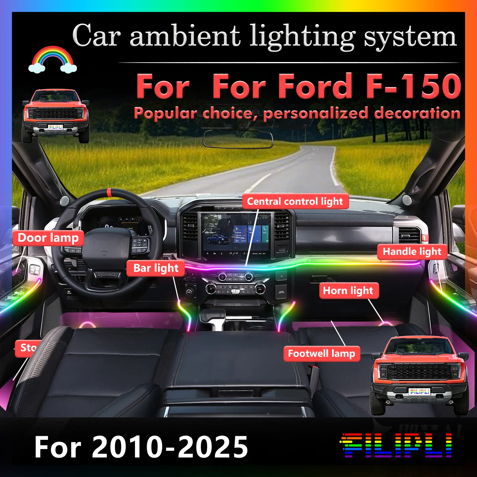 18-в-1 светодиодные лампы для Ford F-150 Raptor P415 P552 P702, цветная атмосферная подсветка, неоновые полосы для салона авто, 64 RGB, управление через приложение
18-в-1 светодиодные лампы для Ford F-150 Raptor P415 P552 P702, цветная атмосферная подсветка, неоновые полосы для салона авто, 64 RGB, управление через приложение