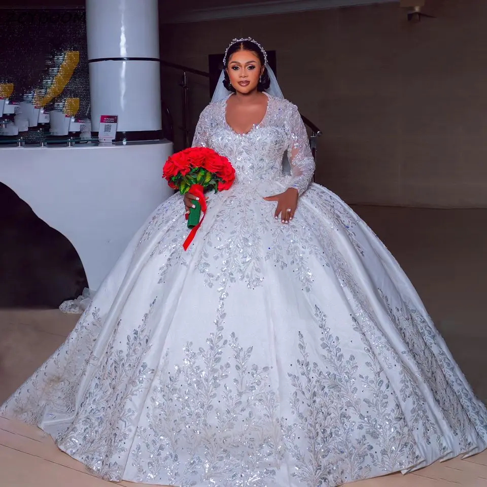 Luxury Ball Gown Glitter Sequined V-Neck Wedding Dresses 2025 Long Sleeves Appliques Africa Women Bridal Gowns Vestido de novia
Luxury Ball Gown Glitter Sequined V-Neck Wedding Dresses 2025 Long Sleeves Appliques Africa Women Bridal Gowns Vestido de novia
