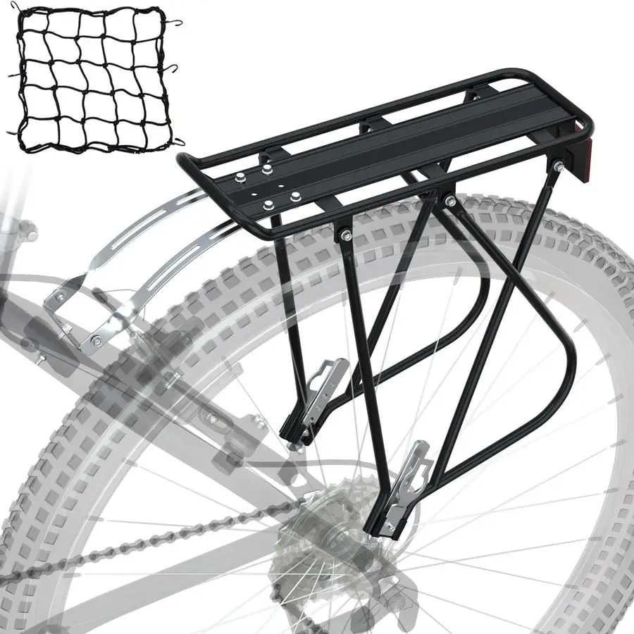 Cargo Rack w Bungee Cargo Net amp Reflective Logo Universal Adjustable Bicycle Rear Luggage Touring Carrier Racks 55lbs Capacity