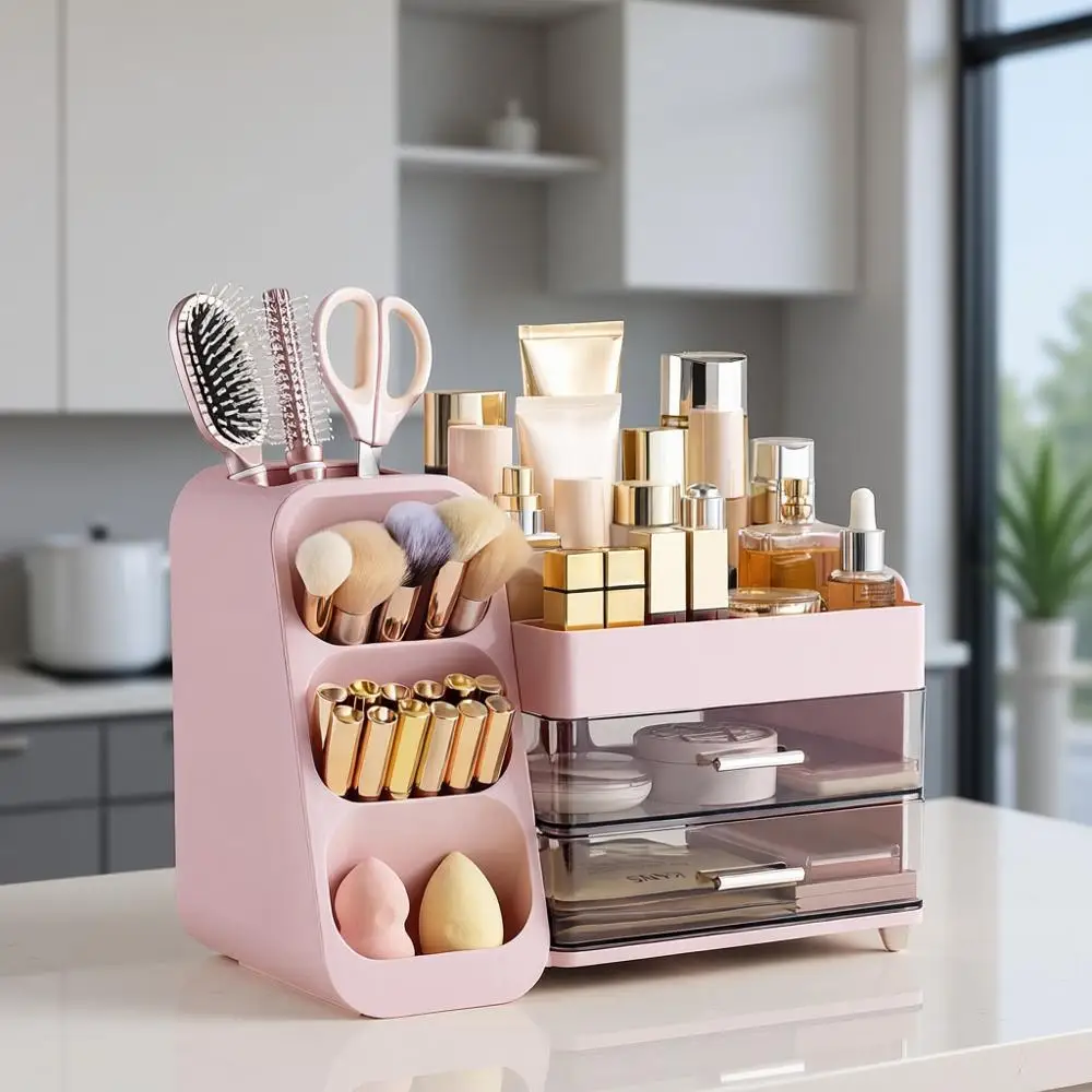 Large Pink Plastic Vanity Organizer with Brush Holder for Skincare, Lipsticks, Nail Polish, Perfumes, Eyeshadows, Bathroom Count
Large Pink Plastic Vanity Organizer with Brush Holder for Skincare, Lipsticks, Nail Polish, Perfumes, Eyeshadows, Bathroom Count