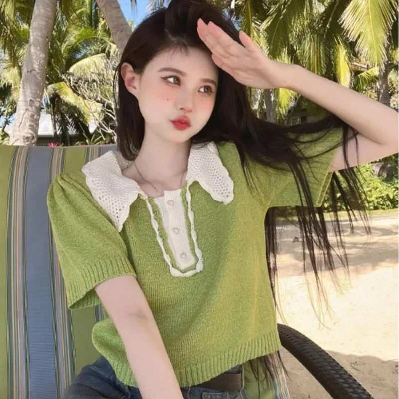 Summer Contrast Hook Flower Hollow Short Sleeve T-shirt Women Vintage Sweet Knit Top Pullovers
Summer Contrast Hook Flower Hollow Short Sleeve T-shirt Women Vintage Sweet Knit Top Pullovers