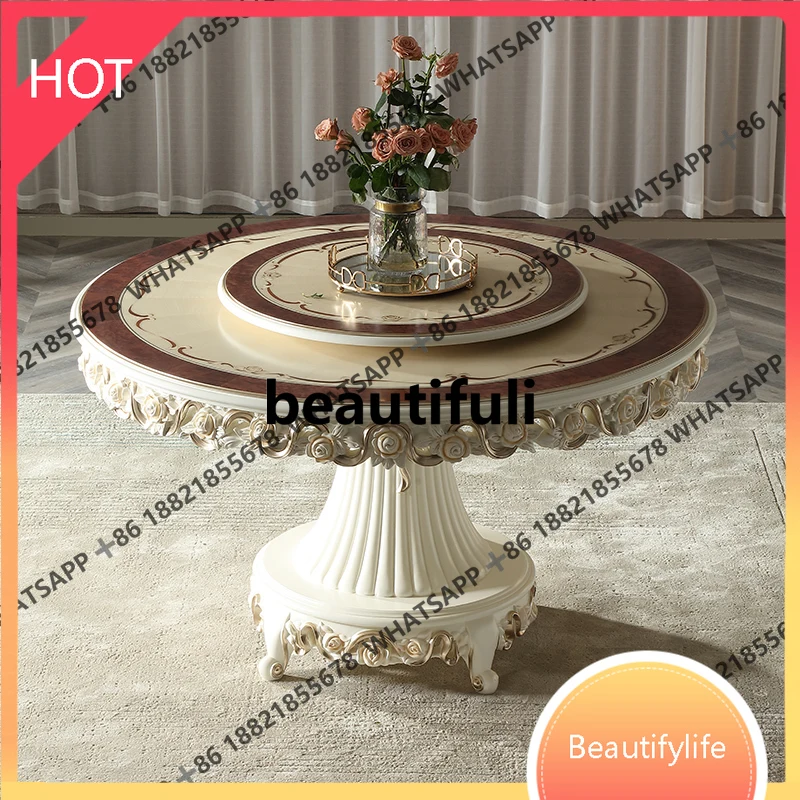 D07 Court French 1.4M round dining table and chair combination beech wood with turntable dining table
D07 Court French 1.4M round dining table and chair combination beech wood with turntable dining table