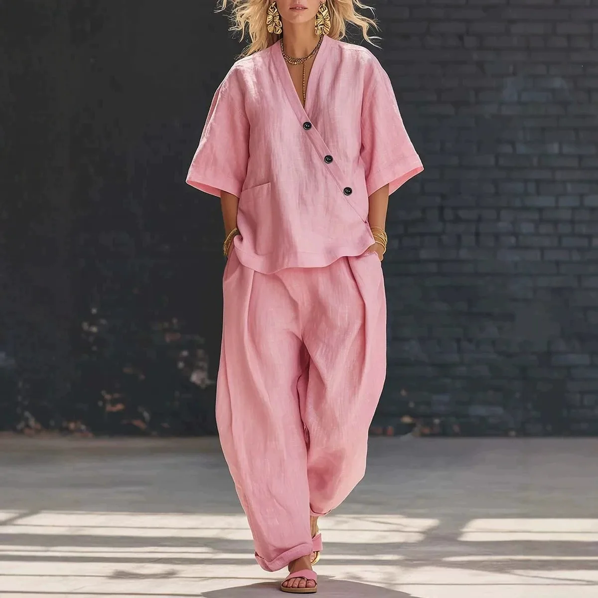 Two Piece Set Women Outfit 2026 Spring New Solid Color Pocket Design V-Neck Loose Short Sleeve Top & High Waist Casual Pants Set
Two Piece Set Women Outfit 2026 Spring New Solid Color Pocket Design V-Neck Loose Short Sleeve Top & High Waist Casual Pants Set