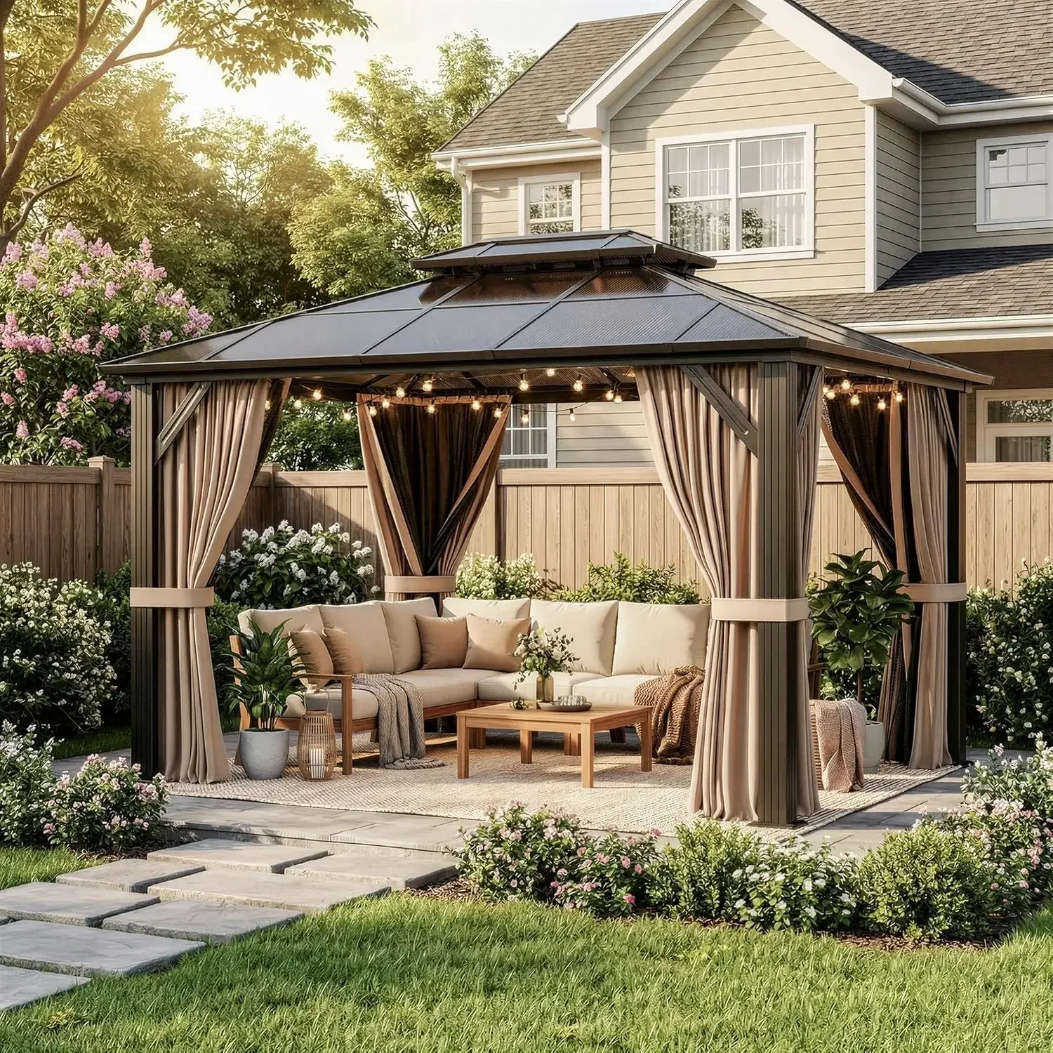 10'x12' Hardtop Gazebo, Outdoor Polycarbonate Roof Canopy, Aluminum Frame Permanent Pavilion with Curtains and, Customized
10'x12' Hardtop Gazebo, Outdoor Polycarbonate Roof Canopy, Aluminum Frame Permanent Pavilion with Curtains and, Customized