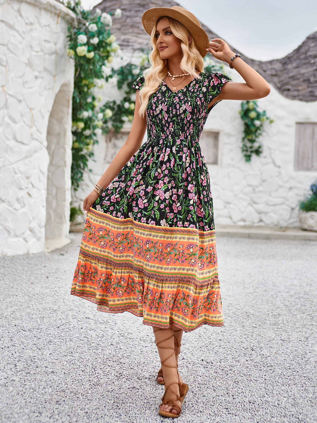 Summer Boho Printed Vintage Dress Women 2024 New V Neck A-line Flying Sleeve Loose Dress Female Vacation Casual Midi Dresses
Summer Boho Printed Vintage Dress Women 2024 New V Neck A-line Flying Sleeve Loose Dress Female Vacation Casual Midi Dresses