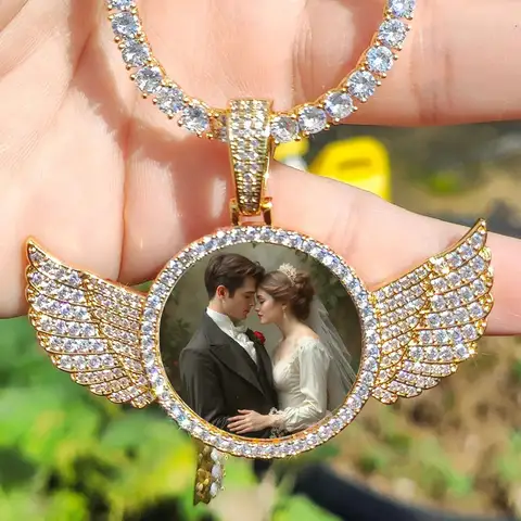 Aangepaste Angel Wing ronde geheugen foto ketting mannen vrouwen gepersonaliseerde sieraden aangepaste foto hanger charme met tennisketting