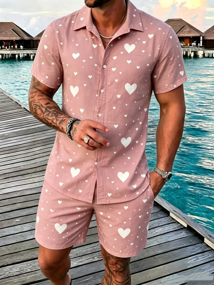 Men's Short Sleeve Lapel Shirt & Shorts Set, Loose Comfort Heart Print Casual Summer Outfit
Men's Short Sleeve Lapel Shirt & Shorts Set, Loose Comfort Heart Print Casual Summer Outfit