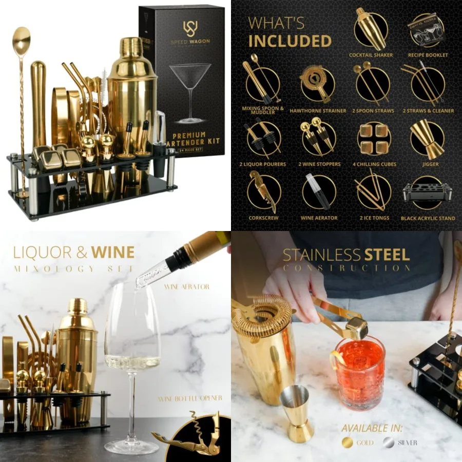 Mixology Bartender Kit 24 Pcs Cocktail Shaker Set w/Stand Essential Home Bar Accessories Martini Shaker, Jigger, Muddler, Chill
Mixology Bartender Kit 24 Pcs Cocktail Shaker Set w/Stand Essential Home Bar Accessories Martini Shaker, Jigger, Muddler, Chill