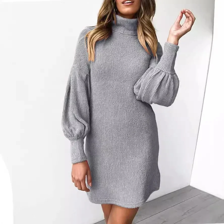 Solid Color Screw Thread High Neck Lantern Sleeve Knitted Dress, Women's Wrap Sweater Dress, Autumn and Winter, Vestidos
Solid Color Screw Thread High Neck Lantern Sleeve Knitted Dress, Women's Wrap Sweater Dress, Autumn and Winter, Vestidos