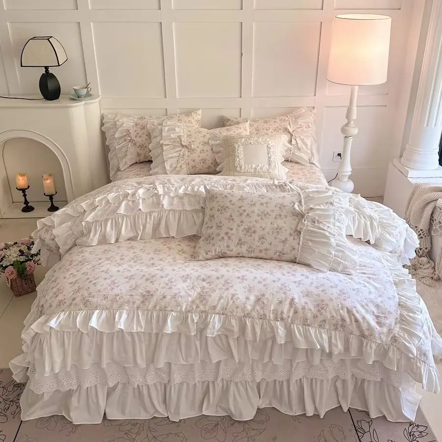 100% Cotton French Floral Bedding Set Ruffle Lace Bowknot Princess Style Duvet Cover Bedskirt Pillowcase Set for Queen King Size
100% Cotton French Floral Bedding Set Ruffle Lace Bowknot Princess Style Duvet Cover Bedskirt Pillowcase Set for Queen King Size