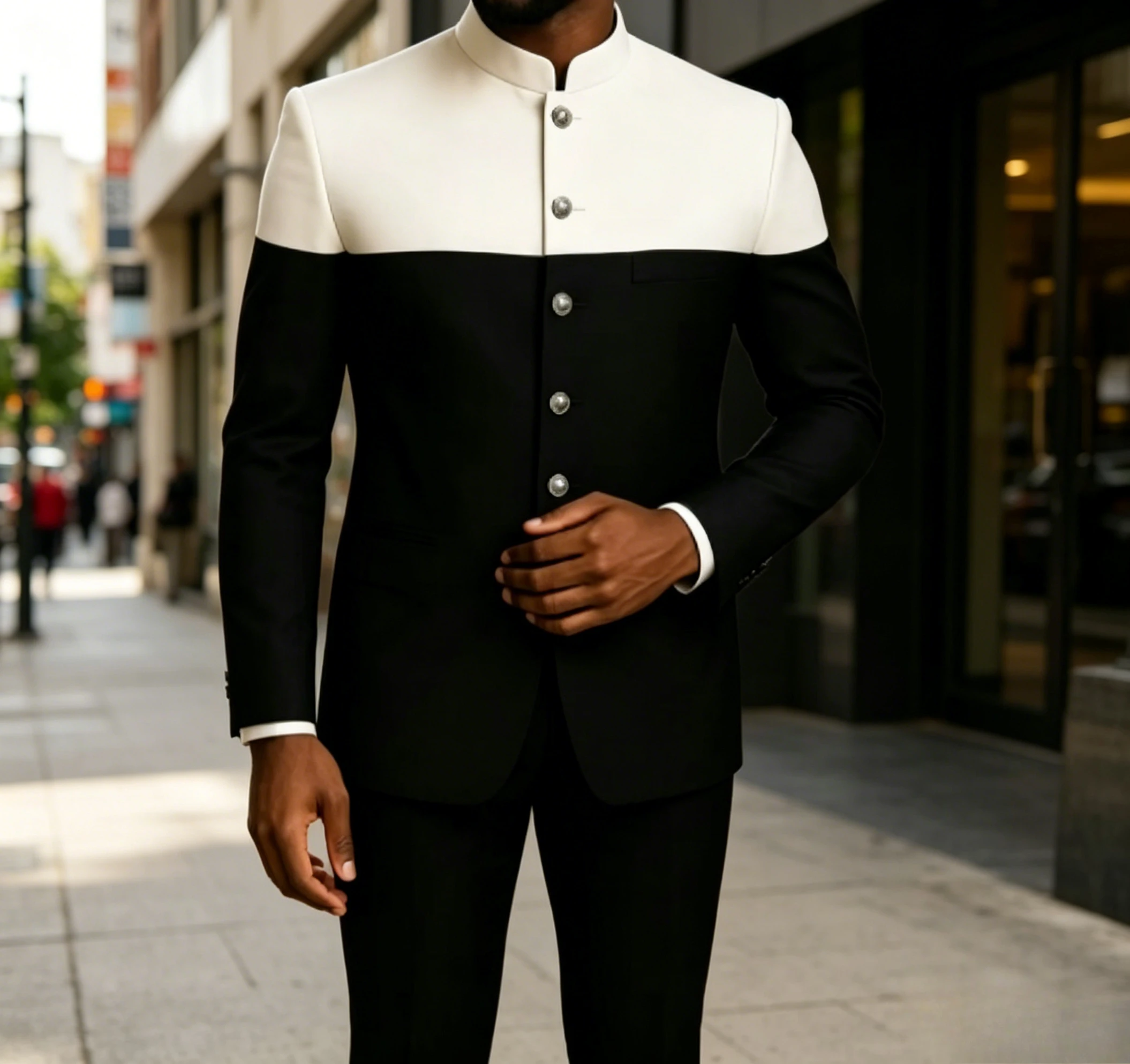 Fashion Contrast Color Men Suits Black and White Mandarin Collar Stylish Wear 2 Piece Tailored Wedding Prom Formal Male Suit
Fashion Contrast Color Men Suits Black and White Mandarin Collar Stylish Wear 2 Piece Tailored Wedding Prom Formal Male Suit