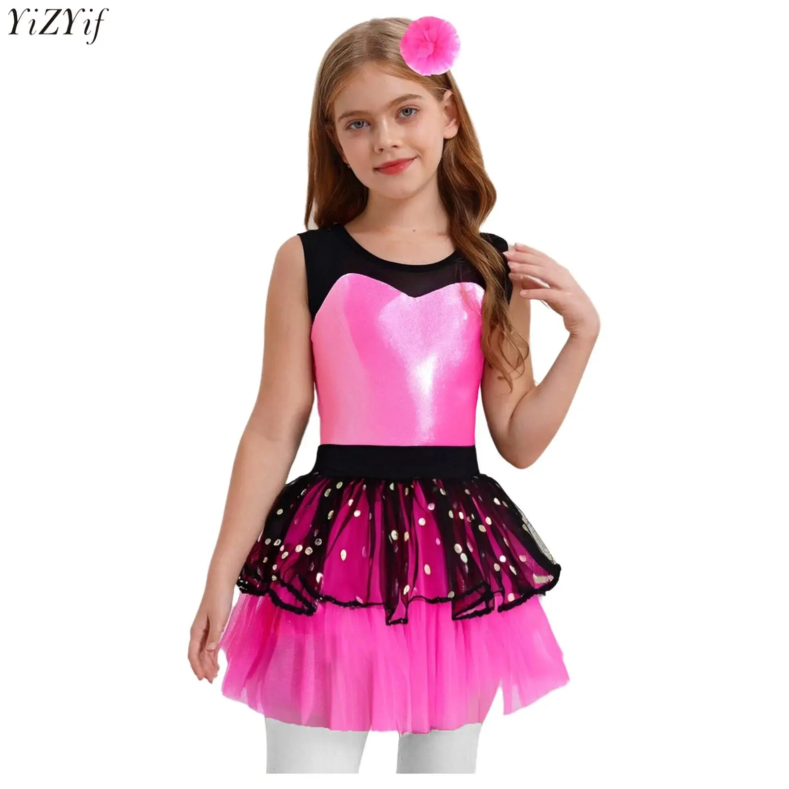 Kids Girls Ballet Dance Dress 2Pcs Sleeveless Sheer Mesh Patchwork Metallic Bodice Tutu Dress+Headwear Jazz Dance Performance
Kids Girls Ballet Dance Dress 2Pcs Sleeveless Sheer Mesh Patchwork Metallic Bodice Tutu Dress+Headwear Jazz Dance Performance