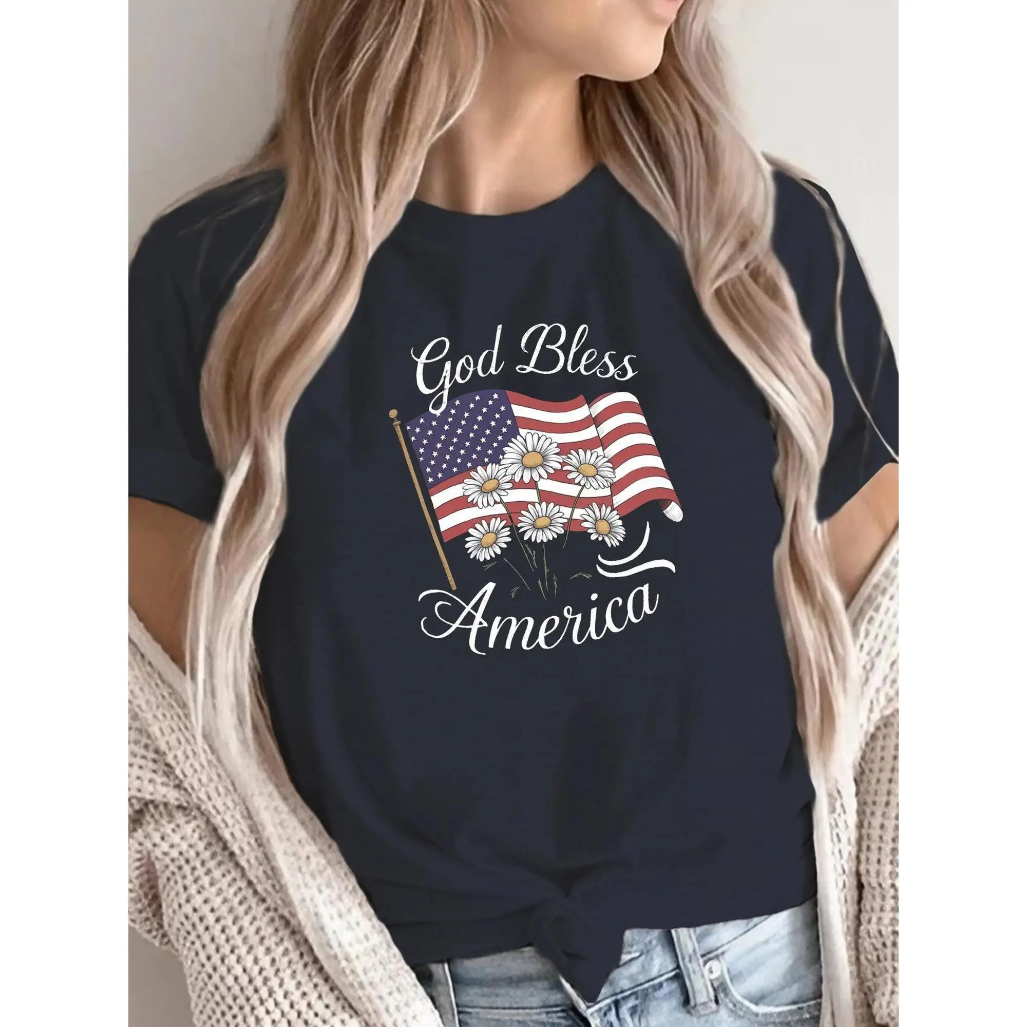 Women's God Bless America Patriotic T-Shirt Comfort Fit with American Flag & Floral Graphic Tees Short Sleeve Casual Tops
Women's God Bless America Patriotic T-Shirt Comfort Fit with American Flag & Floral Graphic Tees Short Sleeve Casual Tops