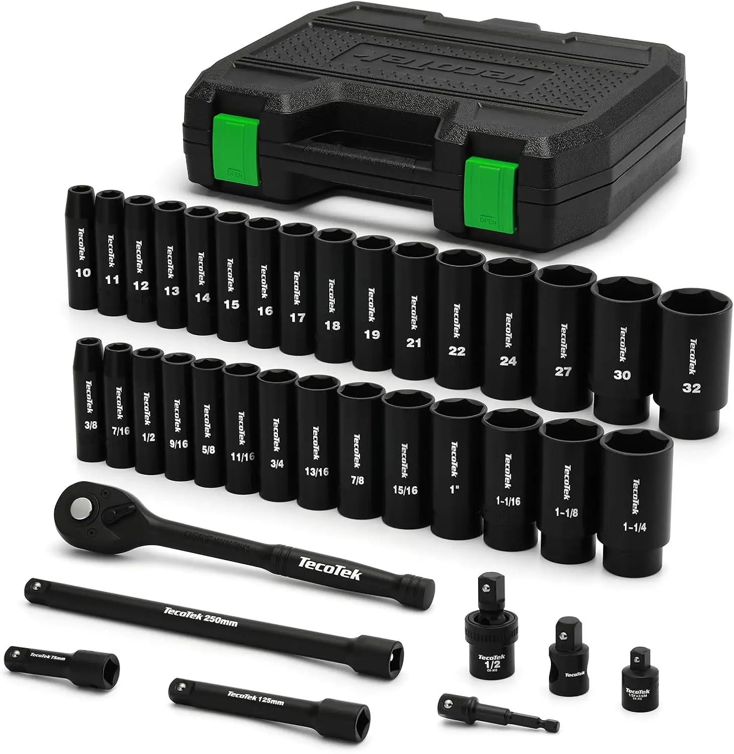1/2" Drive Deep Impact Socket Set, 38-Piece, SAE & Metric, Cr-V Steel, with Ratchet & Extensions
1/2" Drive Deep Impact Socket Set, 38-Piece, SAE & Metric, Cr-V Steel, with Ratchet & Extensions