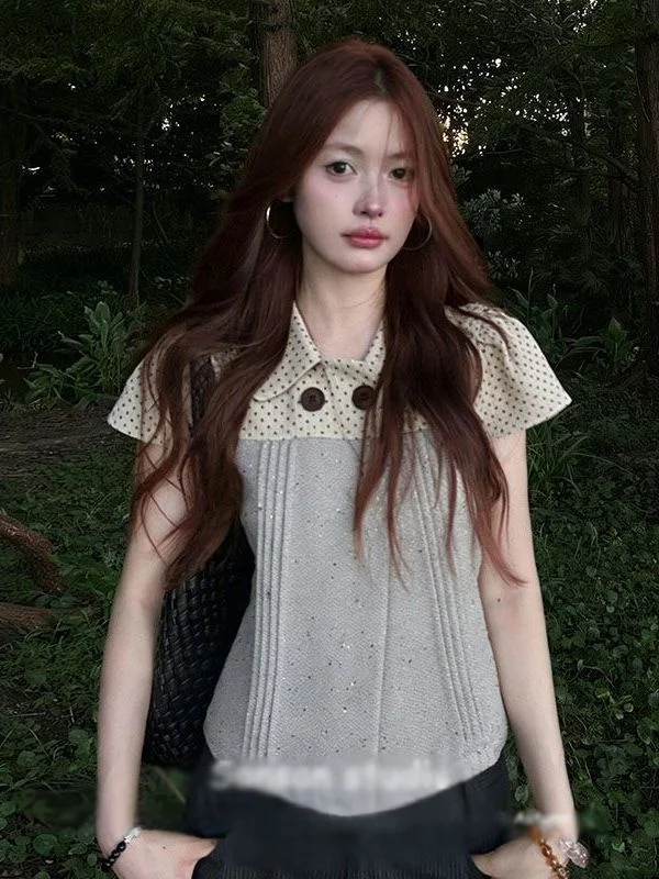 Korean Style Polka Dot Short Sleeve Shirt Women's Summer Slim Fit Peter Pan Collar Splice Color Block Slimming Top
Korean Style Polka Dot Short Sleeve Shirt Women's Summer Slim Fit Peter Pan Collar Splice Color Block Slimming Top