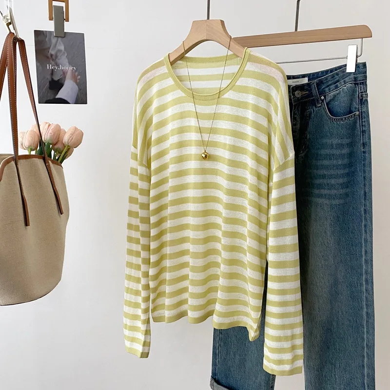 Dave&di Summer New Product Linen Lightweight Breathable Sunscreen Knitted Shirt Curled Edge Round Neck Stripe
Dave&di Summer New Product Linen Lightweight Breathable Sunscreen Knitted Shirt Curled Edge Round Neck Stripe