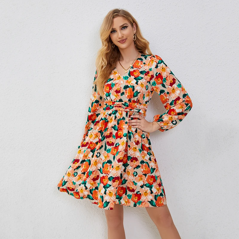 Fashion Flower Print Long sleeved Beach Knee-Length Midi Dress Women Spring/Summer V-neck Slim Tunic Dress
Fashion Flower Print Long sleeved Beach Knee-Length Midi Dress Women Spring/Summer V-neck Slim Tunic Dress