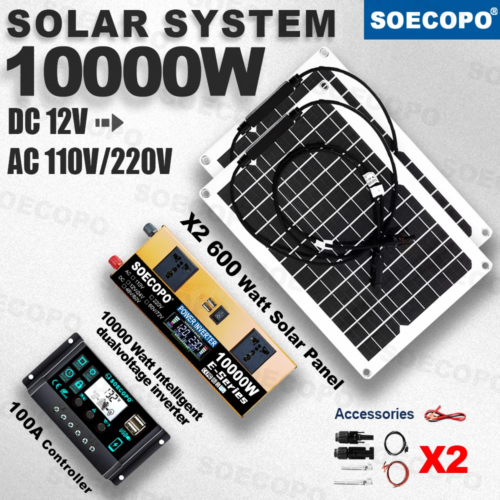 Intelligent Durable Solar Power System 10000W 2×600W Panels 100A Controller | Waterproof Inverter for HOME car Yachts RV Picnic
Intelligent Durable Solar Power System 10000W 2×600W Panels 100A Controller | Waterproof Inverter for HOME car Yachts RV Picnic