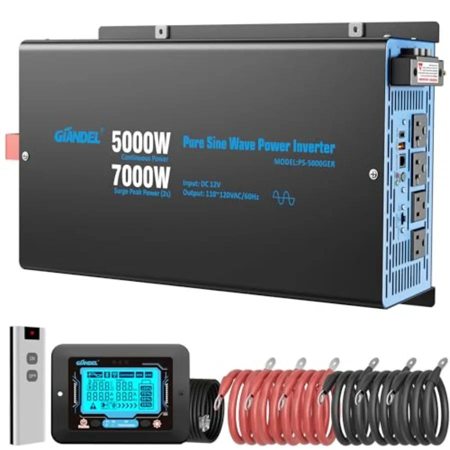 RV and off-grid solar use: 5000W pure sine wave inverter, 12V to 120V AC, black aluminum housing, 7000W peak power, dual remote
RV and off-grid solar use: 5000W pure sine wave inverter, 12V to 120V AC, black aluminum housing, 7000W peak power, dual remote