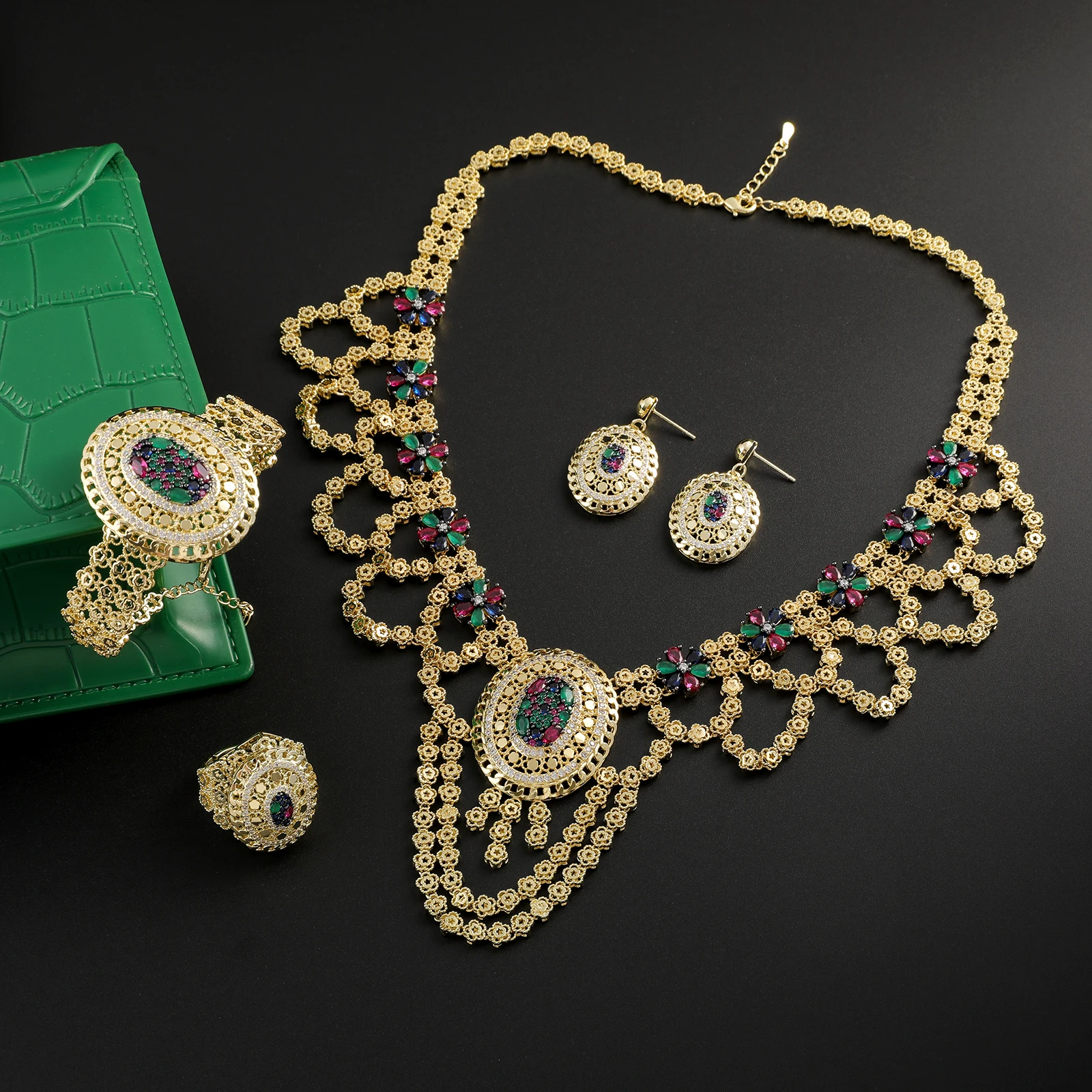 High-end Romantic Colorful Zirconia 4-piece Set Necklace Earrings Ring Bracelet Women's Jewelry Suitable for Wedding Party Gifts
High-end Romantic Colorful Zirconia 4-piece Set Necklace Earrings Ring Bracelet Women's Jewelry Suitable for Wedding Party Gifts